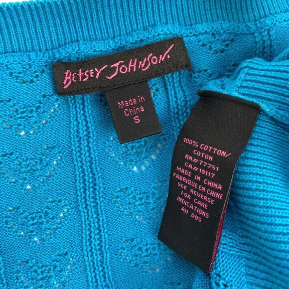 Betsey Johnson Vintage 90s y2k Button Cardigan S Blue Crochet Knit Sweater Crop - Picture 9 of 9
